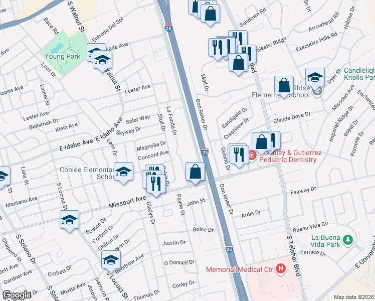 map of restaurants, bars, coffee shops, grocery stores, and more near 1505 La Fonda Drive in Las Cruces