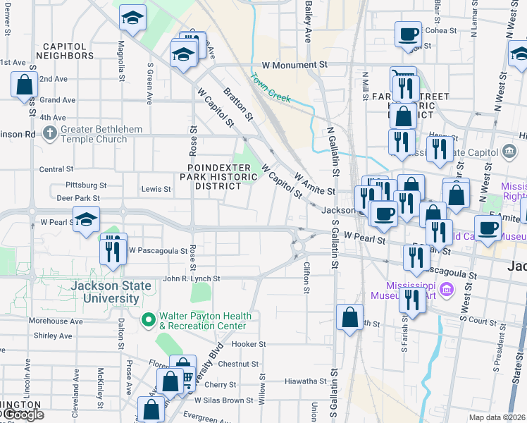 map of restaurants, bars, coffee shops, grocery stores, and more near 160 Minerva Street in Jackson