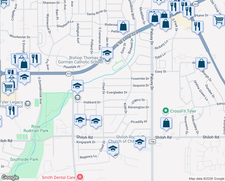 map of restaurants, bars, coffee shops, grocery stores, and more near 1426 Everglades Drive in Tyler