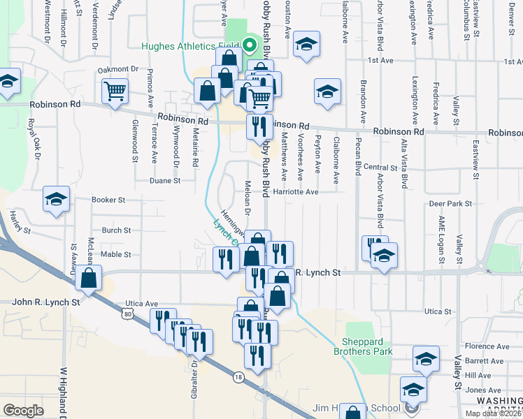 map of restaurants, bars, coffee shops, grocery stores, and more near 1115 Ellis Avenue in Jackson