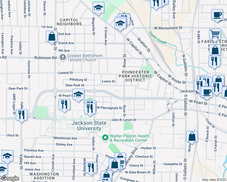 map of restaurants, bars, coffee shops, grocery stores, and more near 1376 Banks Street in Jackson