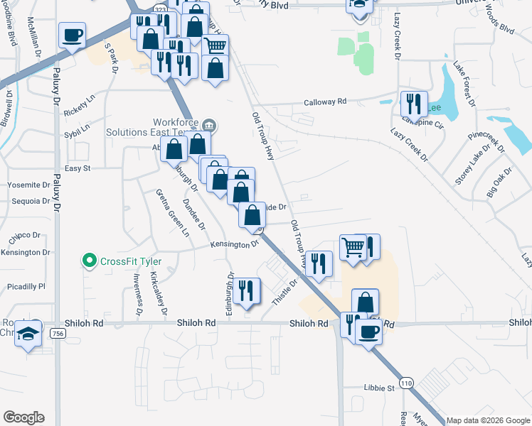 map of restaurants, bars, coffee shops, grocery stores, and more near 2715 Hillside Drive in Tyler