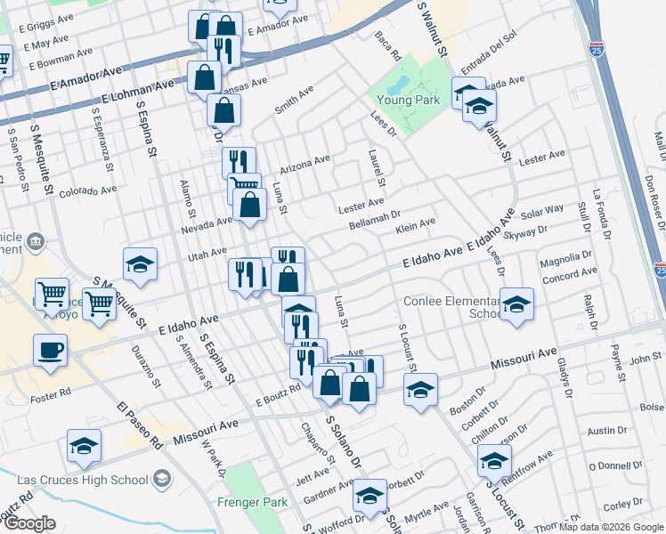 map of restaurants, bars, coffee shops, grocery stores, and more near 1206 Luna Street in Las Cruces