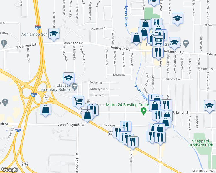 map of restaurants, bars, coffee shops, grocery stores, and more near 1032 Craft Street in Jackson