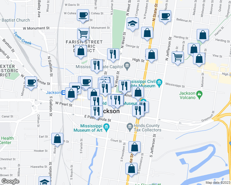 map of restaurants, bars, coffee shops, grocery stores, and more near 201 North Congress Street in Jackson