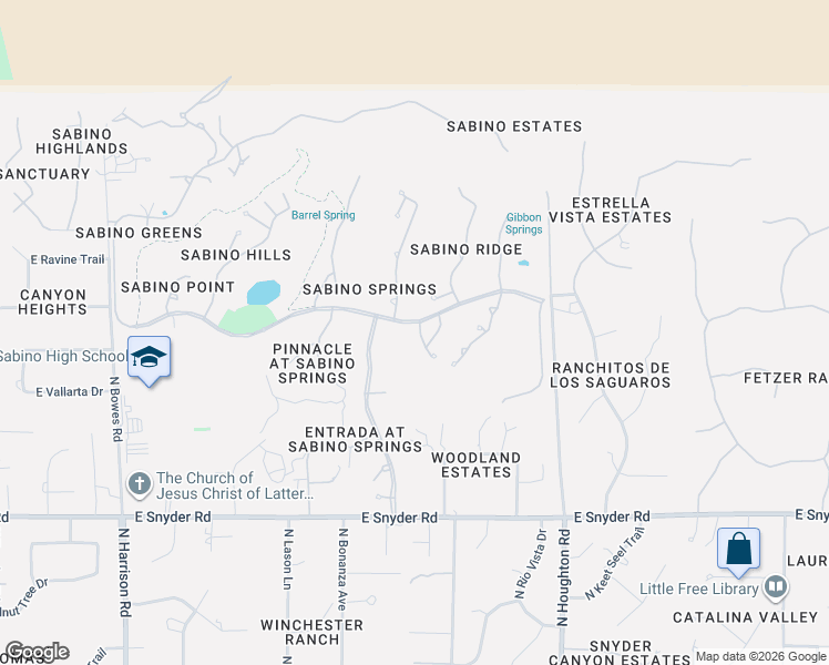 map of restaurants, bars, coffee shops, grocery stores, and more near 5141 North Sabino Fairway Place in Tucson
