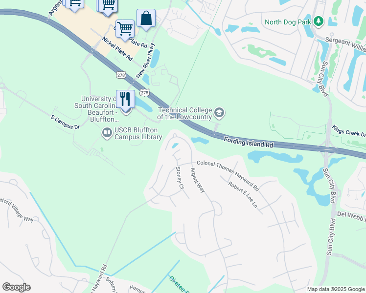 map of restaurants, bars, coffee shops, grocery stores, and more near 31 MacKay Lane in Bluffton