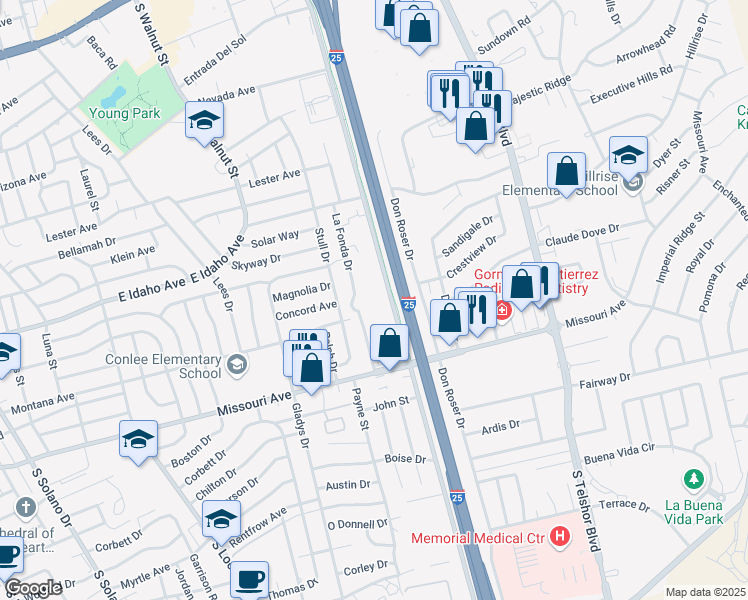map of restaurants, bars, coffee shops, grocery stores, and more near 1505 La Fonda Drive in Las Cruces