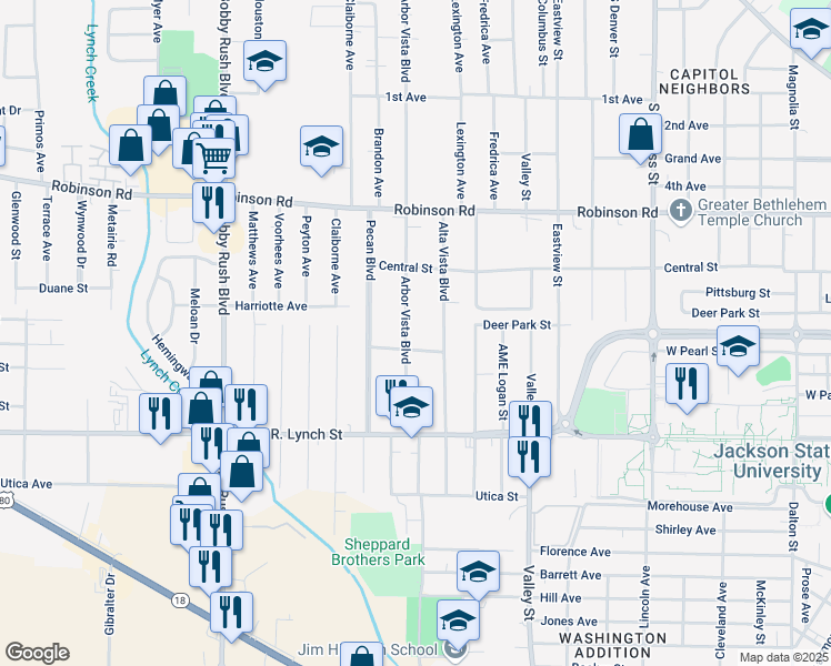 map of restaurants, bars, coffee shops, grocery stores, and more near 1074 Arbor Vista Boulevard in Jackson