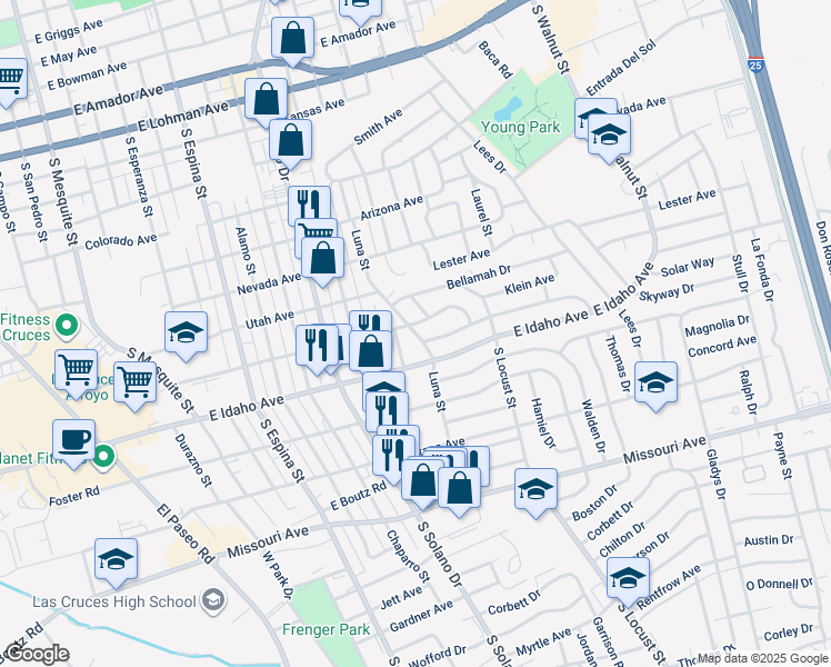 map of restaurants, bars, coffee shops, grocery stores, and more near 1206 Luna Street in Las Cruces