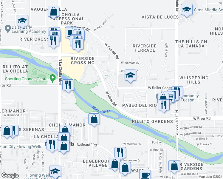 map of restaurants, bars, coffee shops, grocery stores, and more near 5175 Prairie Clover Trail in Tucson
