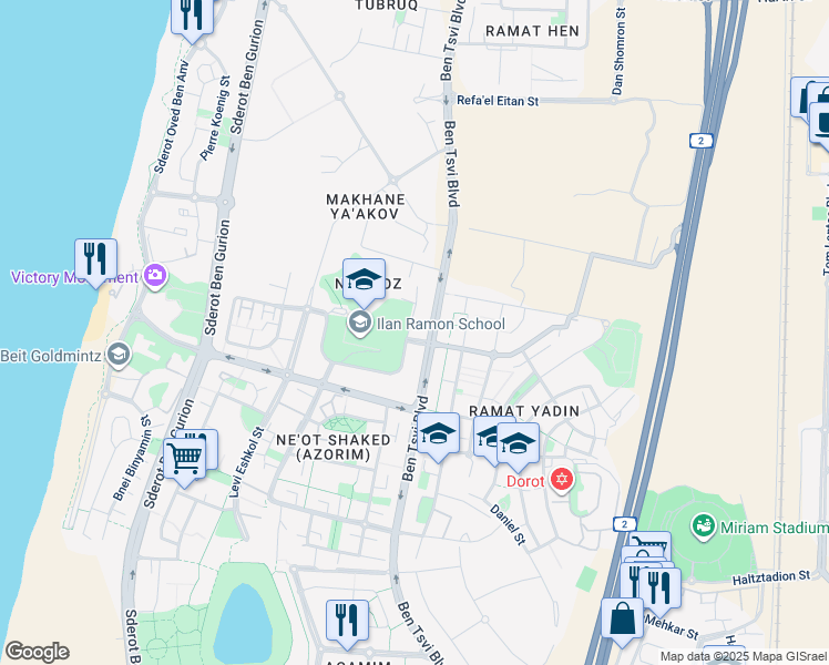map of restaurants, bars, coffee shops, grocery stores, and more near 44-54 Sderot Ben Tsvi in Netanya