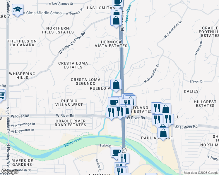 map of restaurants, bars, coffee shops, grocery stores, and more near 5172 North Pueblo Villas Drive in Tucson