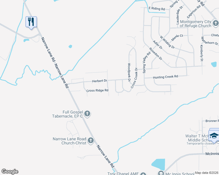 map of restaurants, bars, coffee shops, grocery stores, and more near 3044 Cross Creek Drive in Montgomery