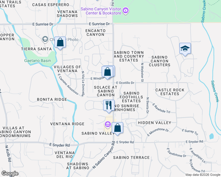 map of restaurants, bars, coffee shops, grocery stores, and more near 5162 North Contentment Court in Tucson
