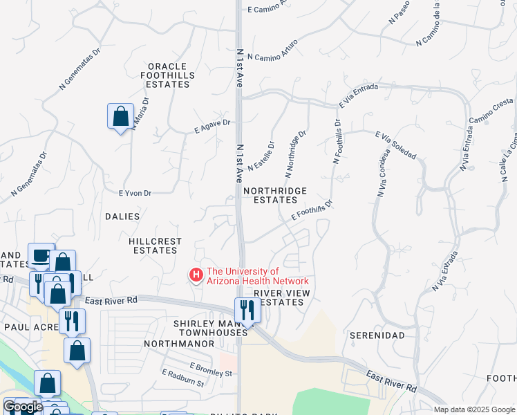 map of restaurants, bars, coffee shops, grocery stores, and more near 750 East Mescal Place in Tucson