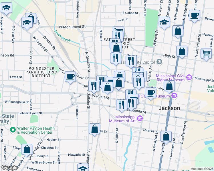 map of restaurants, bars, coffee shops, grocery stores, and more near 232 West Capitol Street in Jackson