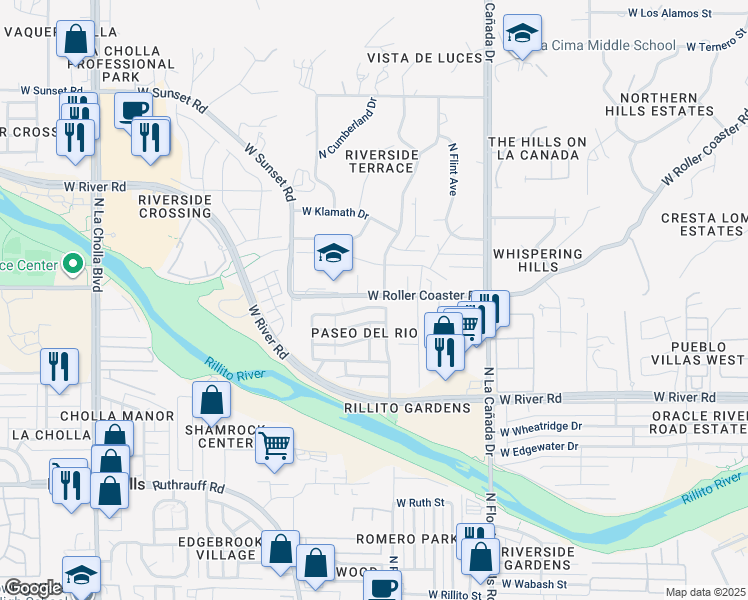 map of restaurants, bars, coffee shops, grocery stores, and more near 1598 West Gentle Brook Trail in Tucson