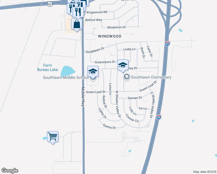 map of restaurants, bars, coffee shops, grocery stores, and more near 5244 Loisa Lane in Montgomery