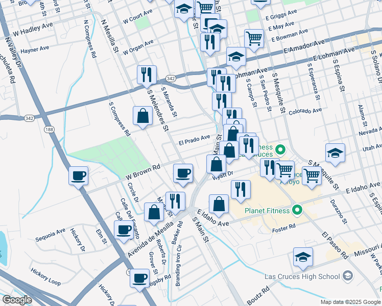 map of restaurants, bars, coffee shops, grocery stores, and more near 554 West Brown Road in Las Cruces