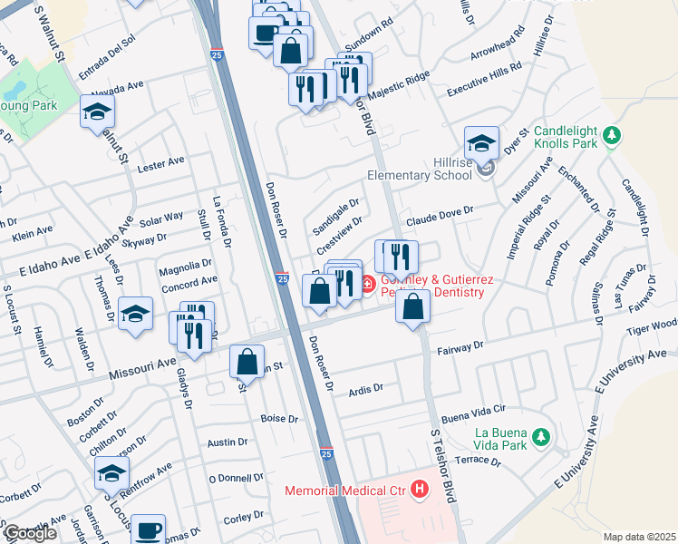 map of restaurants, bars, coffee shops, grocery stores, and more near 1601-1667 Ridgemont Drive in Las Cruces