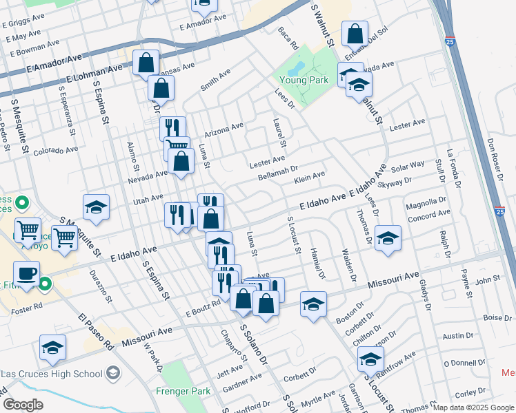 map of restaurants, bars, coffee shops, grocery stores, and more near 1711 Princess Jeanne Drive in Las Cruces