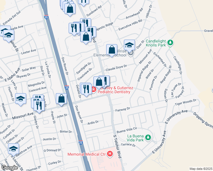 map of restaurants, bars, coffee shops, grocery stores, and more near 1675 South Telshor Boulevard in Las Cruces