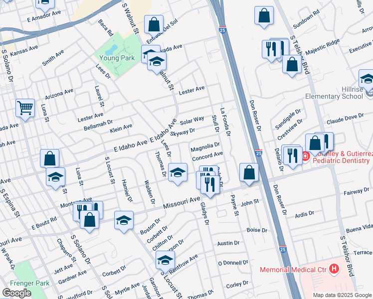 map of restaurants, bars, coffee shops, grocery stores, and more near 1308 Gladys Drive in Las Cruces