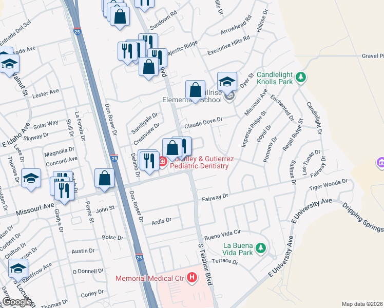 map of restaurants, bars, coffee shops, grocery stores, and more near 1675 South Telshor Boulevard in Las Cruces