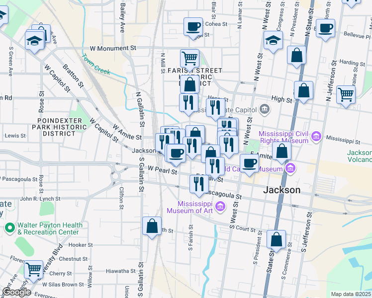 map of restaurants, bars, coffee shops, grocery stores, and more near 100 West Capitol Street in Jackson