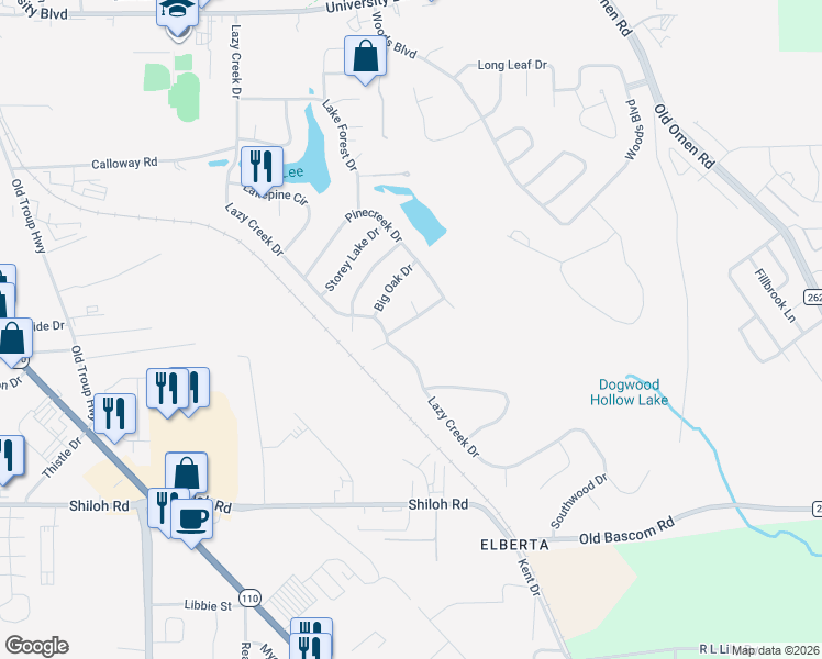 map of restaurants, bars, coffee shops, grocery stores, and more near 3305 Cripple Creek Drive in Tyler