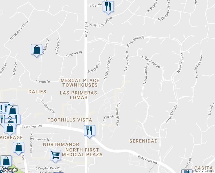 map of restaurants, bars, coffee shops, grocery stores, and more near 925 East Foothills Drive in Tucson