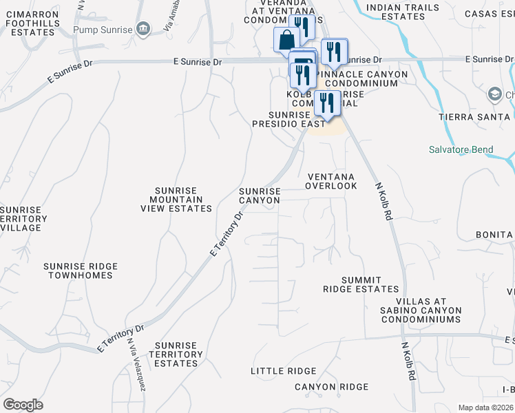 map of restaurants, bars, coffee shops, grocery stores, and more near 6750 East Vía Rosmarino in Tucson