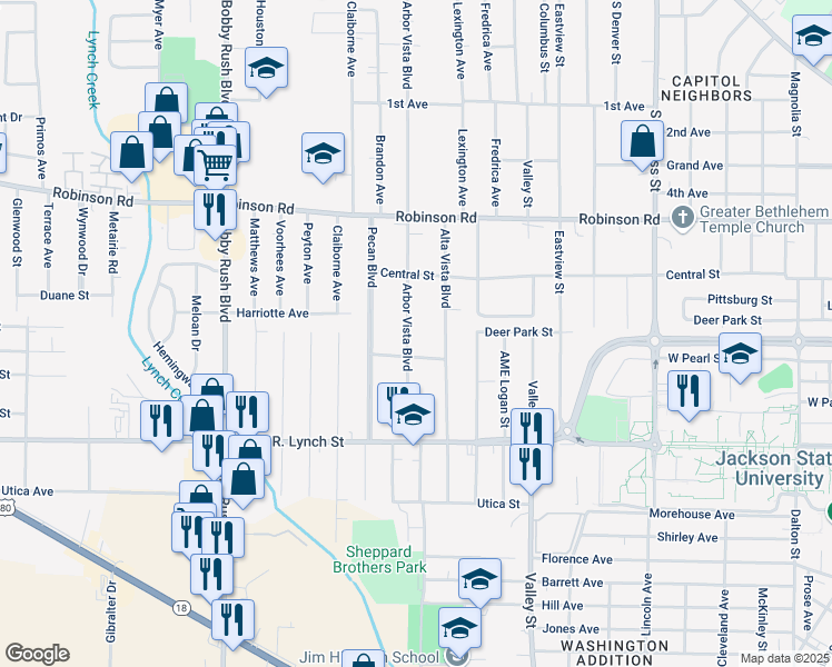 map of restaurants, bars, coffee shops, grocery stores, and more near 1074 Arbor Vista Boulevard in Jackson