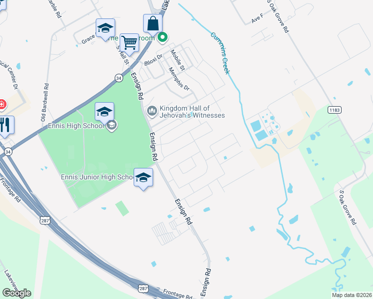 map of restaurants, bars, coffee shops, grocery stores, and more near 1103 Wildflower Street in Ennis