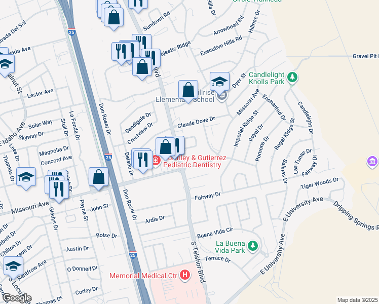 map of restaurants, bars, coffee shops, grocery stores, and more near 2949 Los Amigos Court in Las Cruces