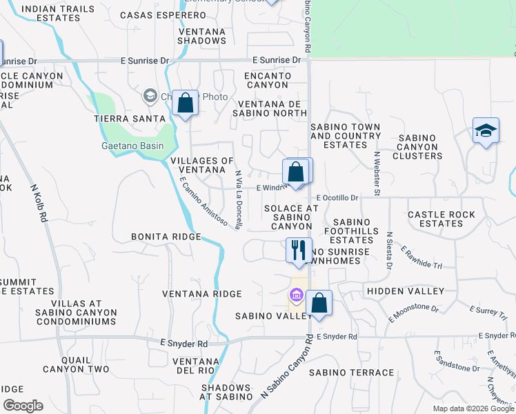 map of restaurants, bars, coffee shops, grocery stores, and more near 5168 North Whitehurst Place in Tucson