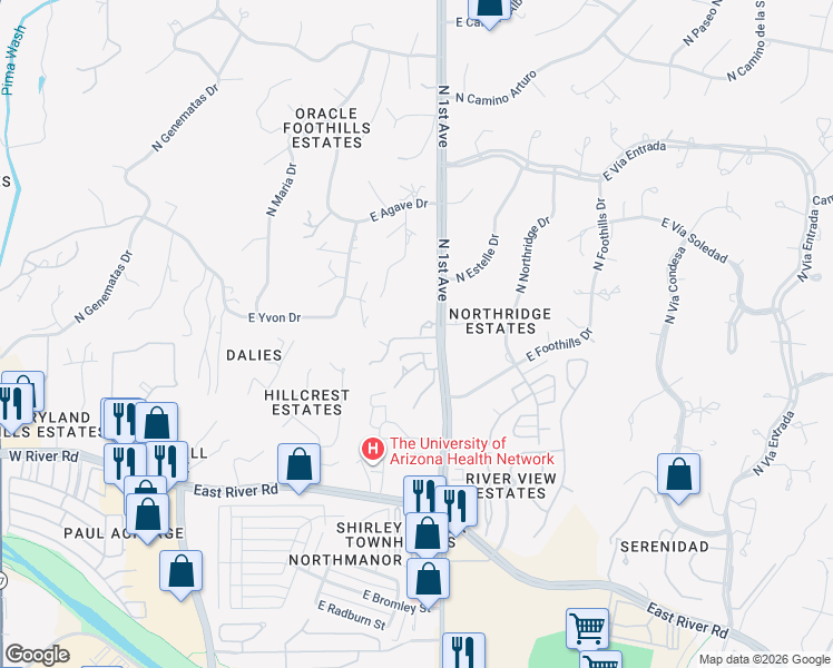 map of restaurants, bars, coffee shops, grocery stores, and more near 627 East Camino Alteza in Tucson