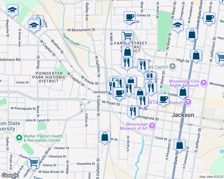 map of restaurants, bars, coffee shops, grocery stores, and more near 232 West Capitol Street in Jackson