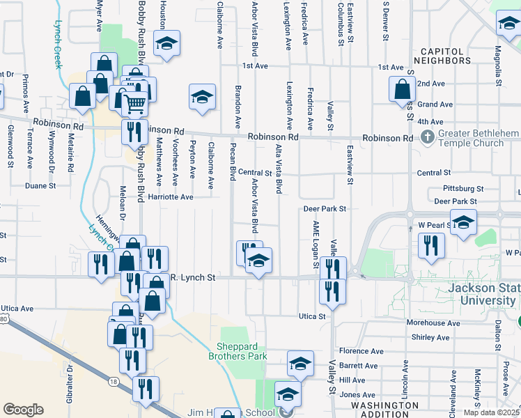 map of restaurants, bars, coffee shops, grocery stores, and more near 1074 Arbor Vista Boulevard in Jackson