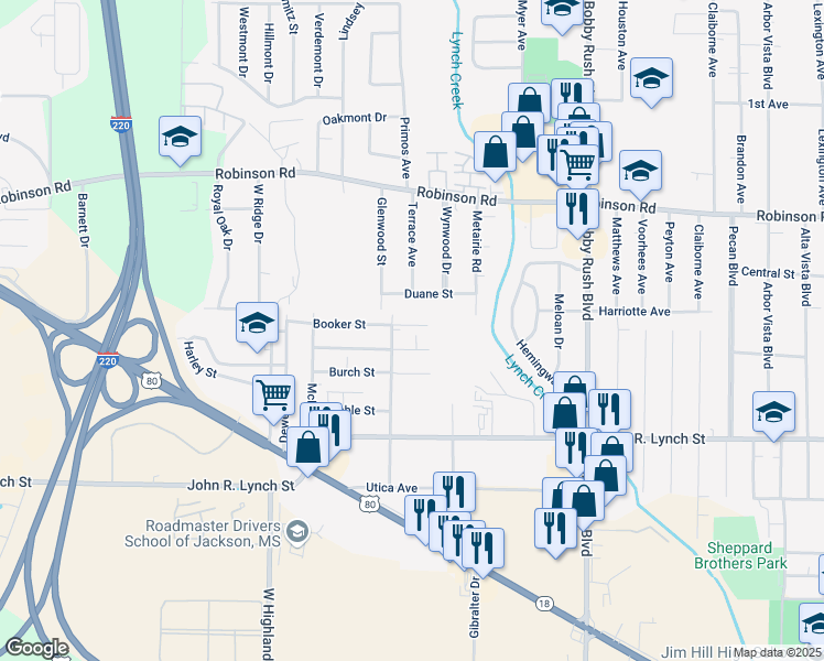 map of restaurants, bars, coffee shops, grocery stores, and more near 3105 Booker Street in Jackson