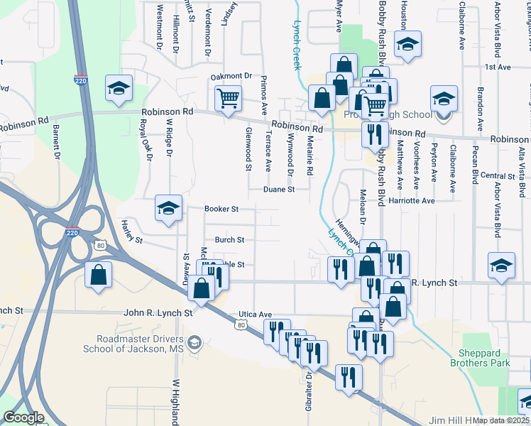 map of restaurants, bars, coffee shops, grocery stores, and more near 1032 Craft Street in Jackson