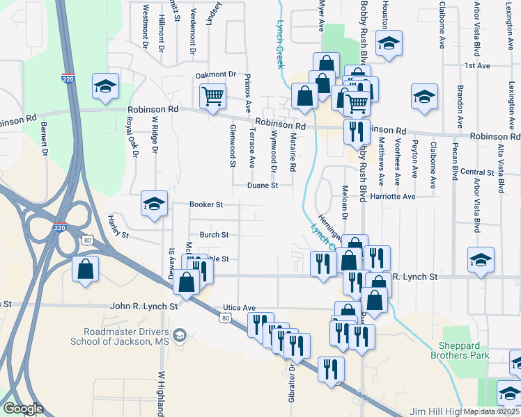 map of restaurants, bars, coffee shops, grocery stores, and more near 3105 Booker Street in Jackson