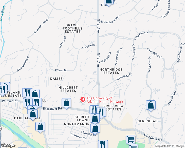 map of restaurants, bars, coffee shops, grocery stores, and more near 627 East Camino Alteza in Tucson