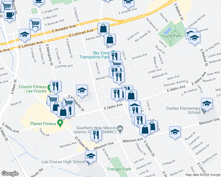 map of restaurants, bars, coffee shops, grocery stores, and more near 1106 Chaparro Street in Las Cruces