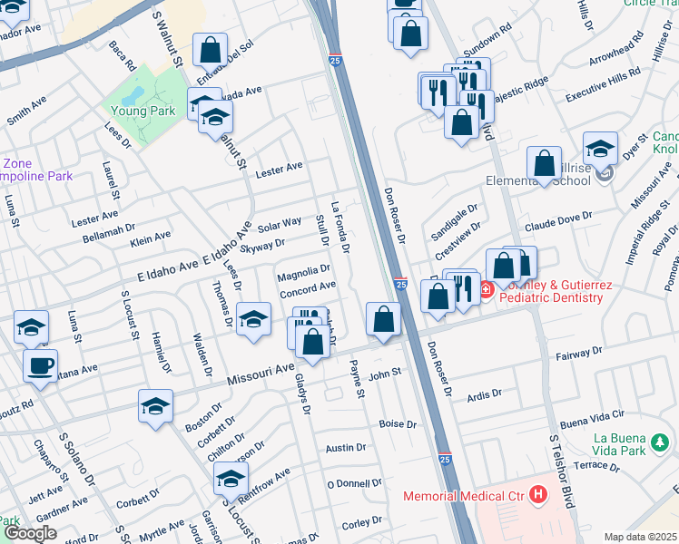 map of restaurants, bars, coffee shops, grocery stores, and more near 1413 Stull Drive in Las Cruces
