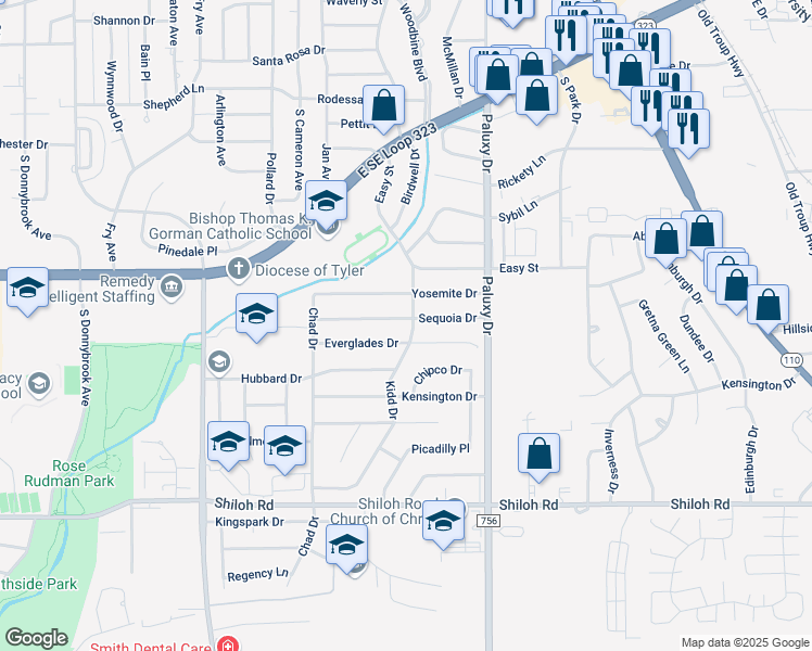 map of restaurants, bars, coffee shops, grocery stores, and more near 1623 Sequoia Drive in Tyler