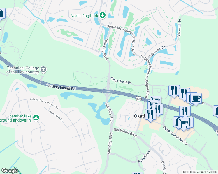 map of restaurants, bars, coffee shops, grocery stores, and more near Fording Island Road in Okatie