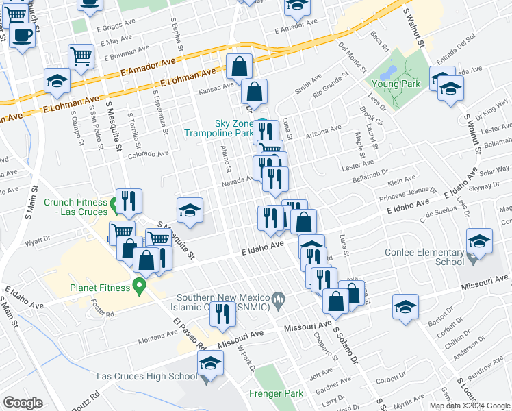 map of restaurants, bars, coffee shops, grocery stores, and more near 1102 Chaparro Street in Las Cruces