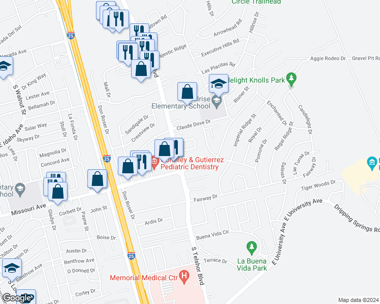 map of restaurants, bars, coffee shops, grocery stores, and more near 2941 Los Amigos Court in Las Cruces